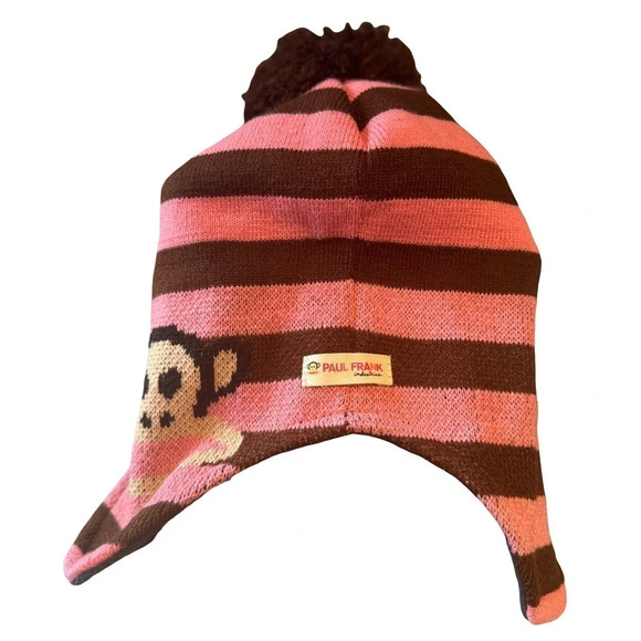 NWT RARE Y2K Paul Frank Kids Pink and Brown  Striped Beanie Hat Brim Pom Pom - Picture 3 of 9